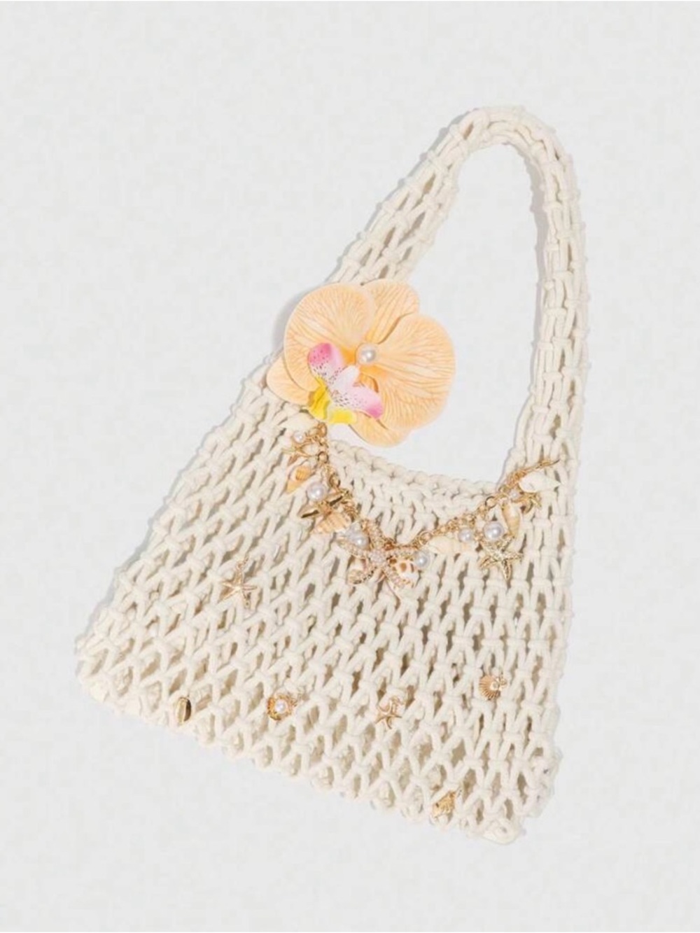 NWT Woven Crochet Net Beach Tote Featuring Ocean embellishments Floral Accent.
